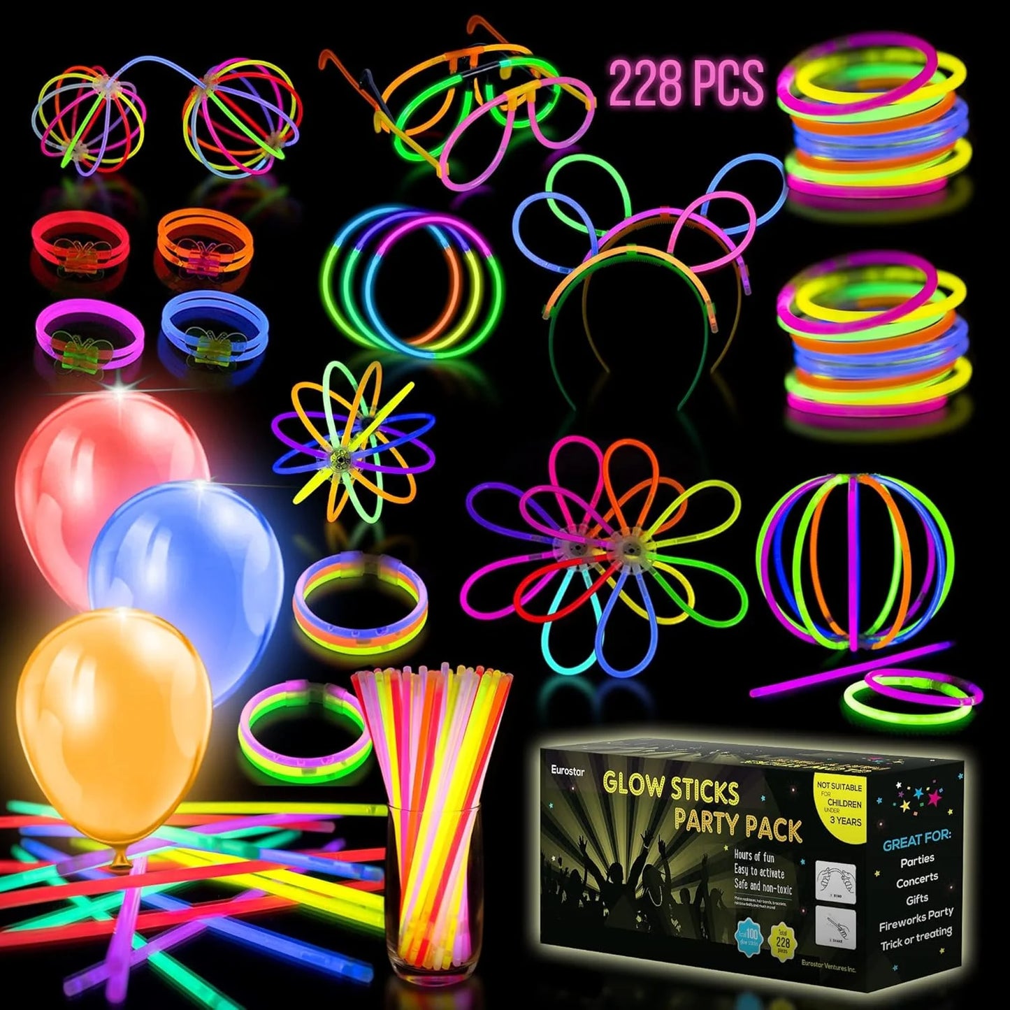 Ingeniuso Glow Sticks Party Pack – 228 Pieces